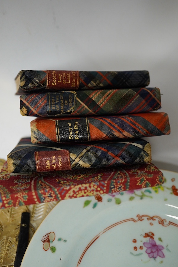 A Chinese famille rose plate a vellum fan, a small group of miniature books, lacquer box and onyx egg, fan 35cm wide. Condition - plate slight chip, rest fair to good